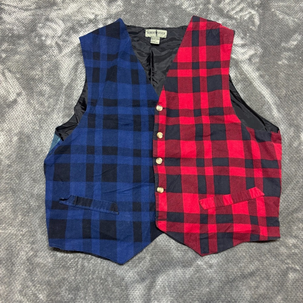 Robert Stock Mens Vintage Buffalo Plaid Vest XL Red Blue Teal Cotton Colorblock